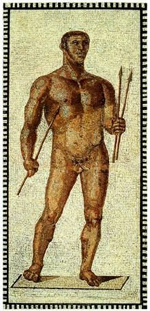 Image of a javelin thrower, among the 3rd century mosaics of athletes found in the Baths of Caracalla, now in the Vatican Museum. 