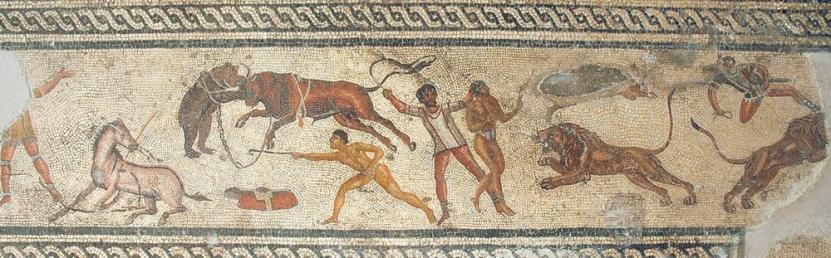 Amphitheater Mosaic, from Villa di Dar Buc Amméra at Zliten, in the Archaeological Museum of Tripoli.